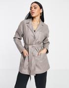 Topshop Faux Leather Belted Shirt Jacket With Revere Collar In Gray