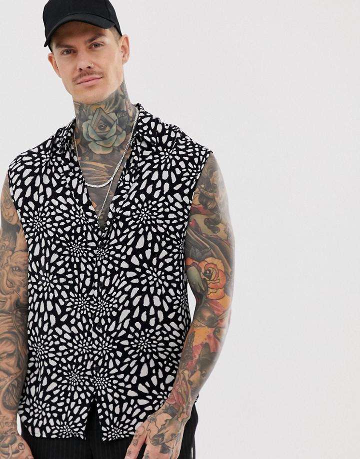Asos Design Sleeveless Spot Shirt With Grandad Collar-black