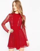 Asos Premium Lace And Ladder Detail Dress - Red