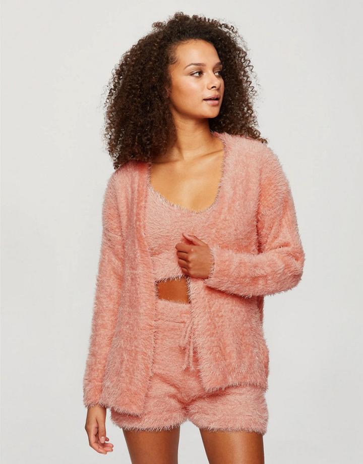 Miss Selfridge Eyelash Knit Cardigan In Coral-orange