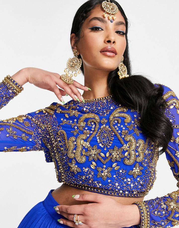 Asos Design Crystal Placement Lehenga Crop Top In Blue