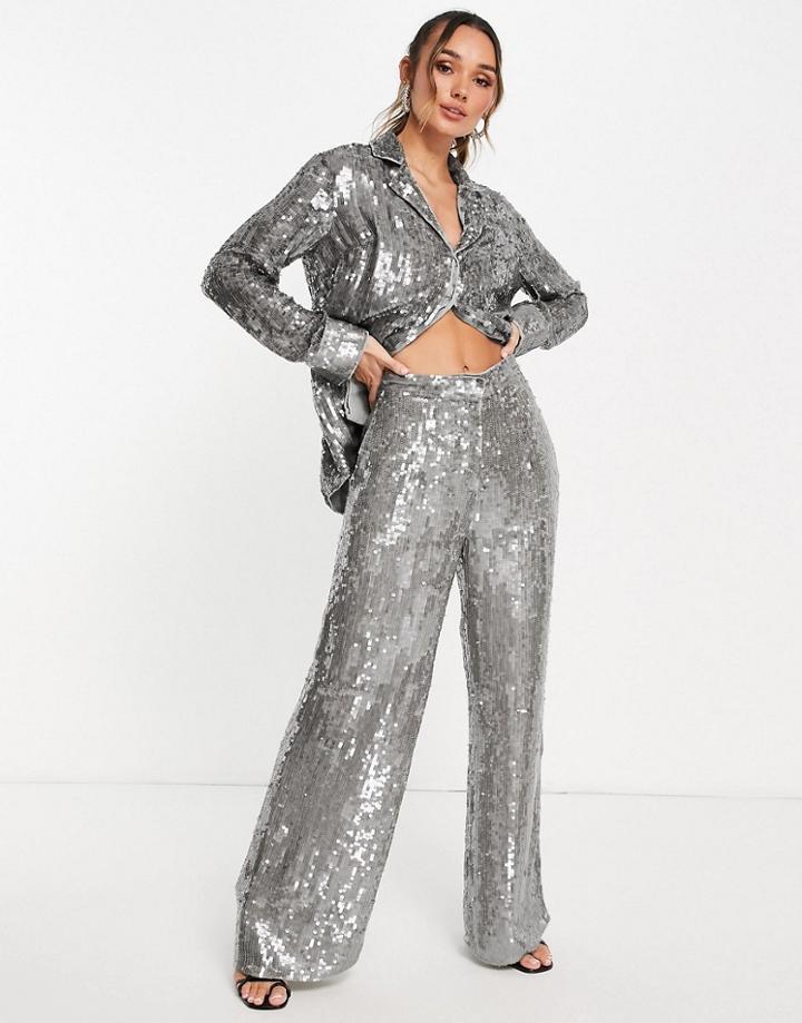 Asos Edition Wide Leg Sequin Pant In Gray-grey