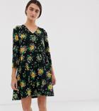 Monki Prairie Flower Print Jersey Smock Dress In Black - Black