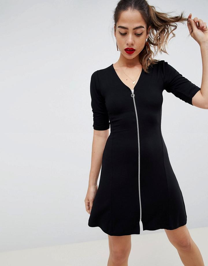 Asos Design Zip Through Mini Tea Dress - Black