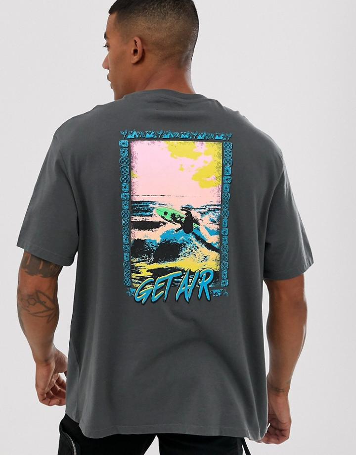 Bershka T-shirt With Chest And Back Print In Gray - Gray