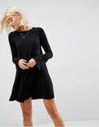 Asos Mini Swing Dress With Seam Detail And Trumpet Sleeve - Black