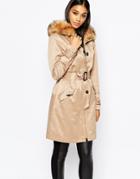 Lipsy Parka Trench With Faux Fur Collar - Stone