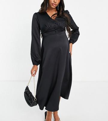 Flounce London Maternity Satin Button Front Midi Dress In Black