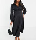 Flounce London Maternity Satin Button Front Midi Dress In Black