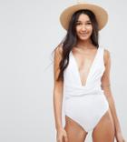 Asos Tall Plunge Ruched Front Swimsuit - White
