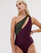 Boohoo Asymmetric Cut Out Swimsuit In Aubergine And Khaki - Multi