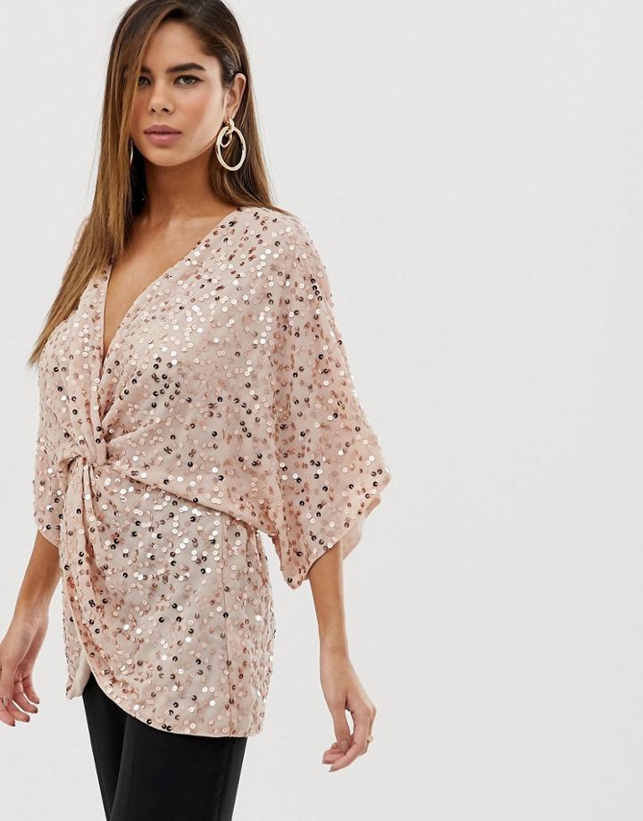 Asos Design Knot Front Kimono Top In Sequin-white