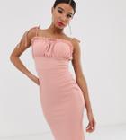 Missguided Bodycon Midi Dress With Tie Shoulder Straps In Pink - Pink