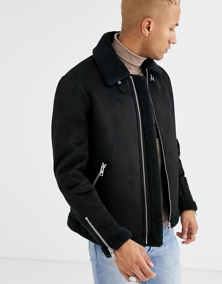 Asos Design Faux Suede Flight Jacket In Black