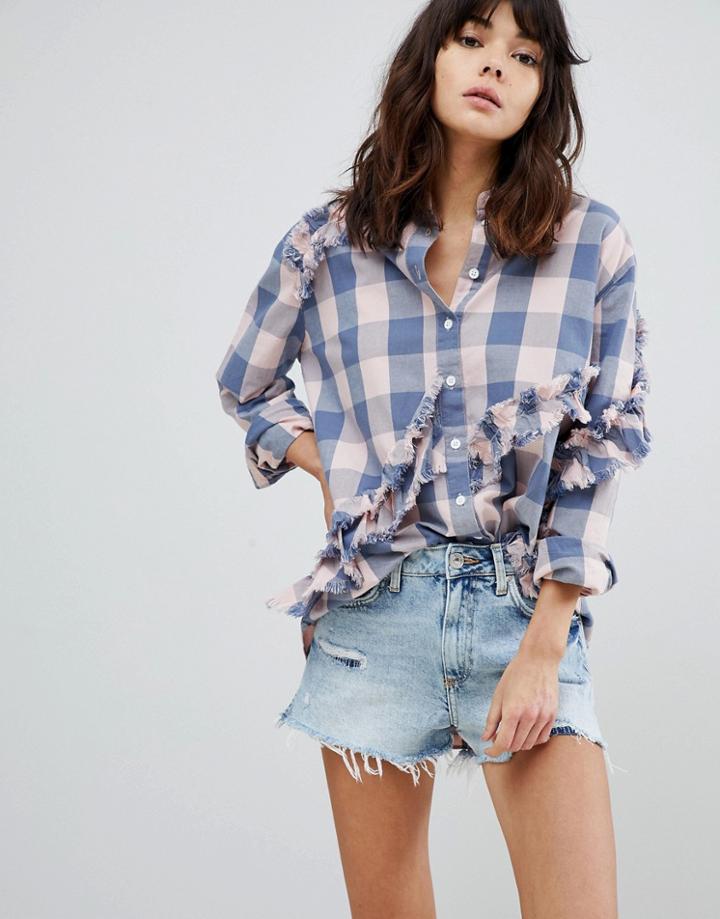 River Island Frill Front Check Shirt-pink