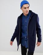 Asos Design Wool Mix Hooded Overcoat In Navy - Navy