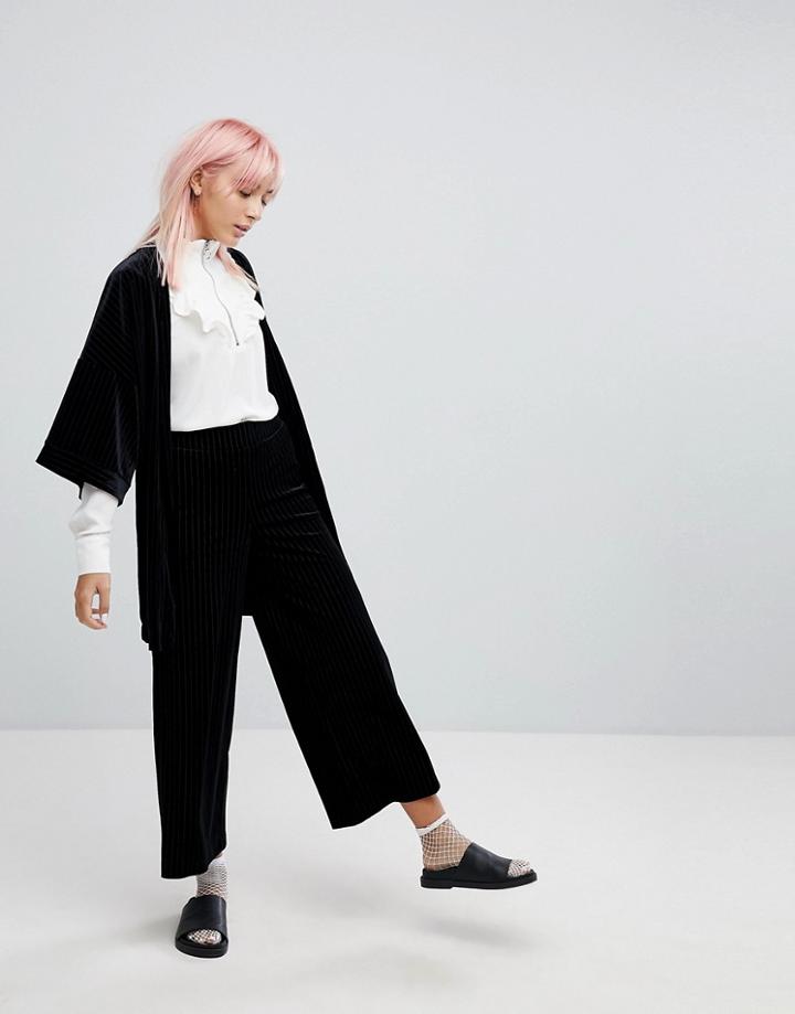 Monki Pinstripe Velvet Culotte Pants - Black