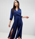 Asos Design Tall Jumpsuit With Wrap Front And Hanky Hem In Satin - Navy