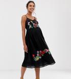 Asos Design Maternity Cami Trapeze Embroidered Midi Dress-black