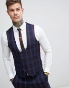 Harry Brown Navy And Burgundy Check Slim Fit Suit Vest - Navy