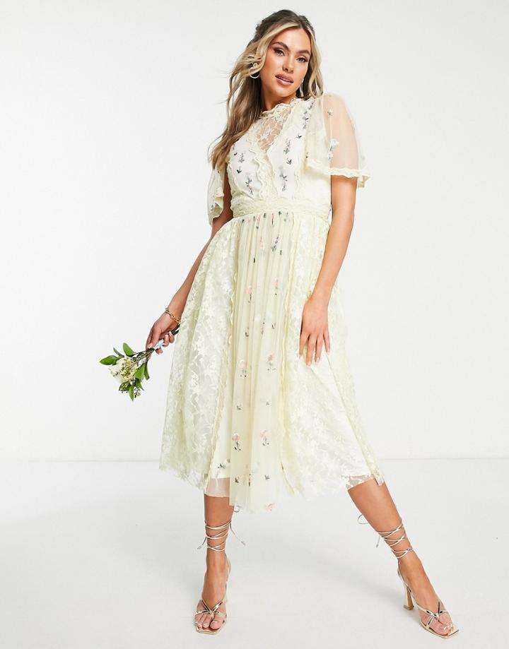 Frock And Frill Bridesmaid Floral Midi Dress In Cream-white