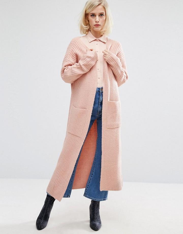 Lost Ink Maxi Ribbed Cardigan - Pink