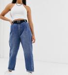 Asos Design Petite Tapered Leg Boyfriend Jeans With Curve Seam In Mid Vintage Wash With Webbing Belt - Blue
