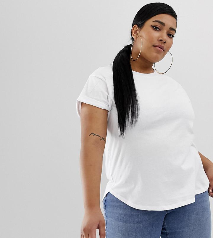 Asos Design Curve T-shirt In Boyfriend Fit With Rolled Sleeve And Curved Hem In White - White