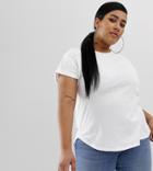 Asos Design Curve T-shirt In Boyfriend Fit With Rolled Sleeve And Curved Hem In White - White