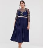 Little Mistress Plus Embroidered Top Midi Dress In Navy - Navy