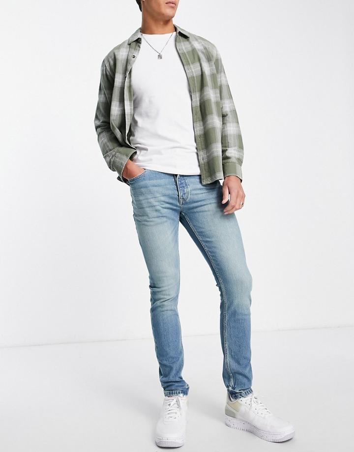Topman Stretch Skinny Jeans In Green Cast Light Wash Tint-blue