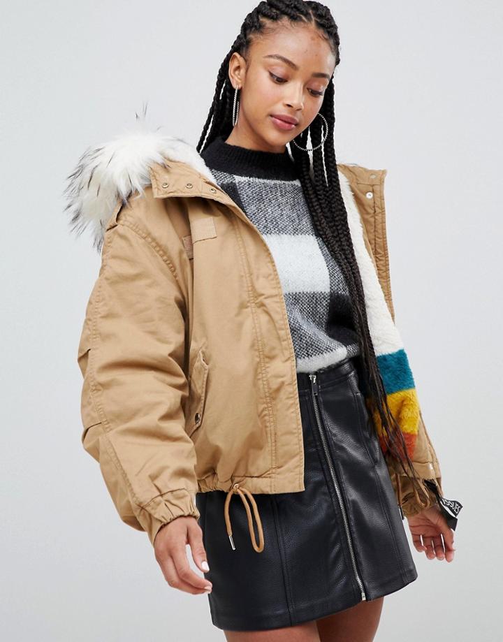 Bershka Short Parka With Faux Fur Hood In Khaki Brown - Brown