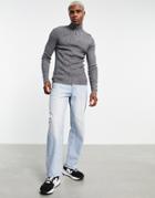 Asos Design Muscle Fit Ribbed Half Zip Sweater In Black And White Twist-grey