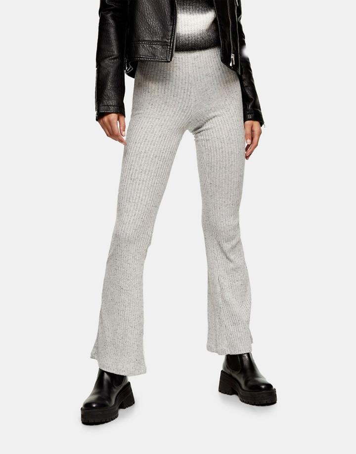 Topshop Soft Jersey Ribbed Flared Pants In Gray Heather-green