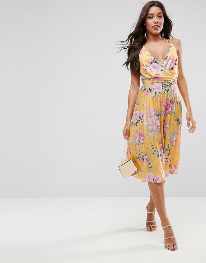 Asos Blouson Printed Wrap Midi Dress With Tie Waist - Multi