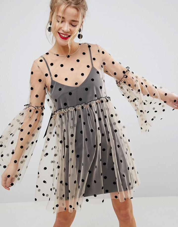 Asos Sheer Smock Mini Dress In Spot Mesh - Multi