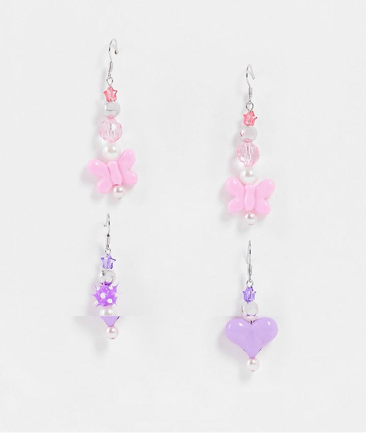 Asos Design 2-pack Earrings With Puff Heart And Butterfly Beads In Silver Tone