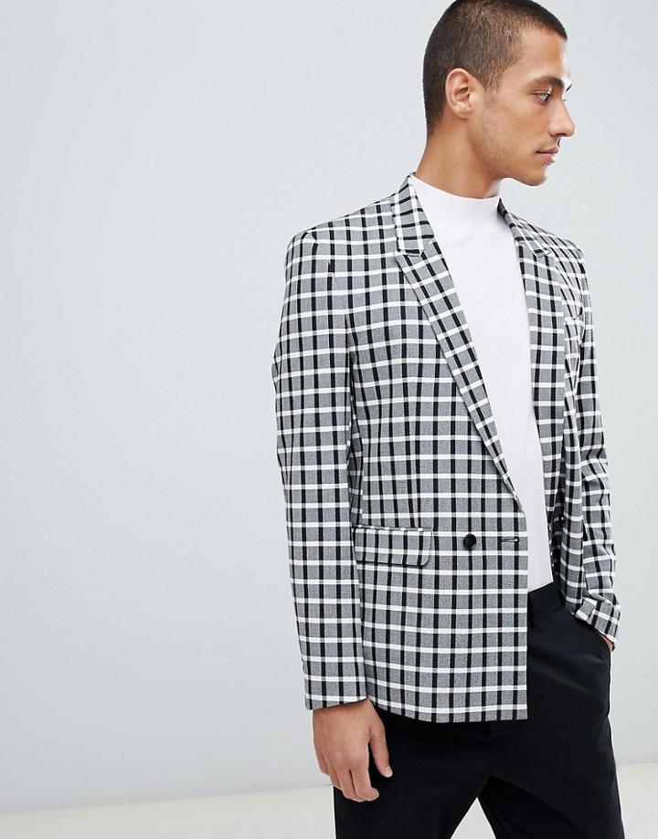 Asos Design Skinny Double Breasted Blazer In Monochrome Check - Black