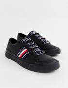 Tommy Hilfiger Corporate Stripe Leather Low Sneaker In Black - Black