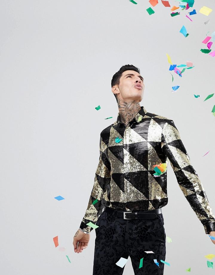 Asos Regular Fit Sequin Shirt - Black