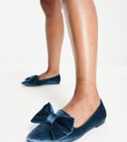 Asos Design Wide Fit Lake Bow Pointed Ballet Flats In Blue Velvet