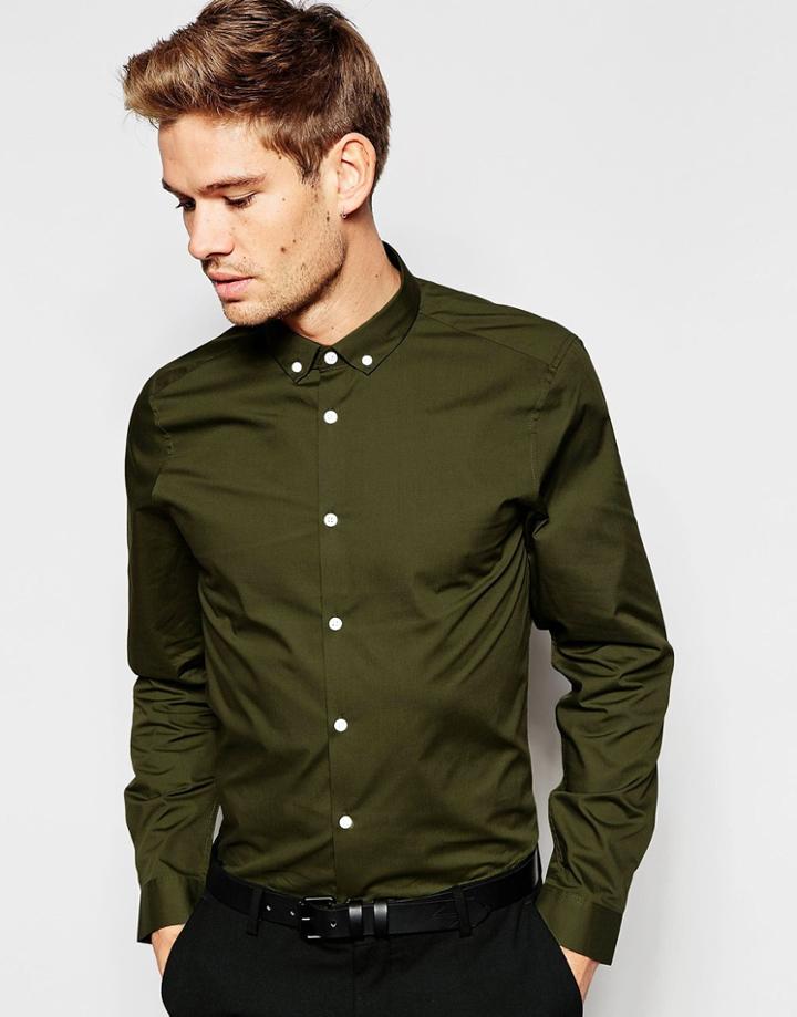 Asos Smart Shirt In Khaki With Button Down Collar In Regular Fit - Khaki