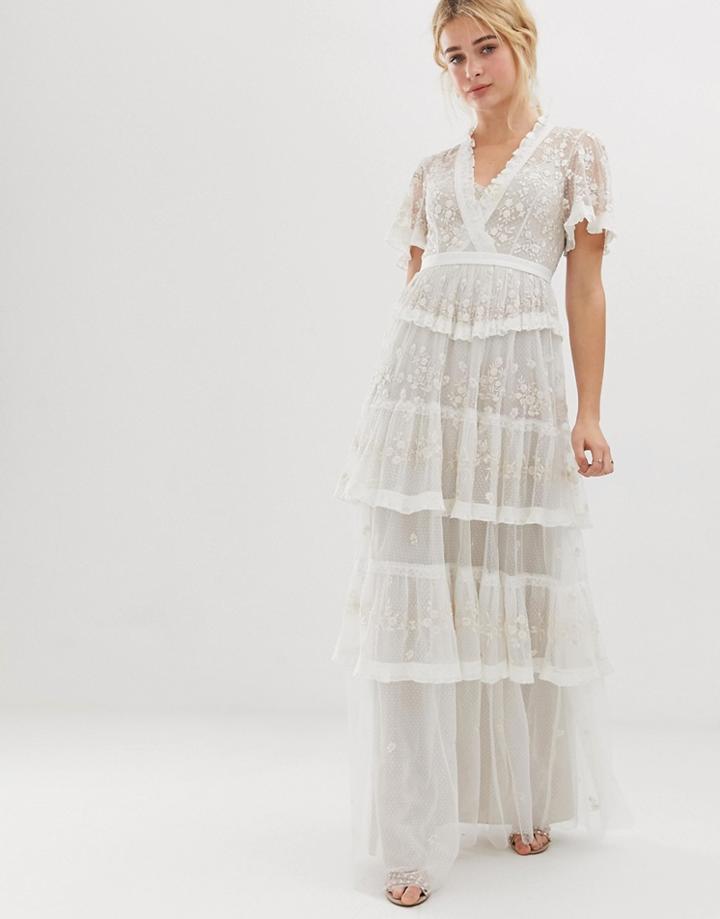 Needle & Thread Embroidered Lace Tiered Maxi Dress In Ivory-white