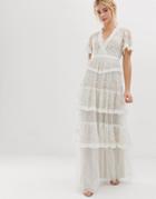 Needle & Thread Embroidered Lace Tiered Maxi Dress In Ivory-white