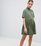 Asos Design Petite Oversized Mini Cotton Smock Dress With High Neck - Green