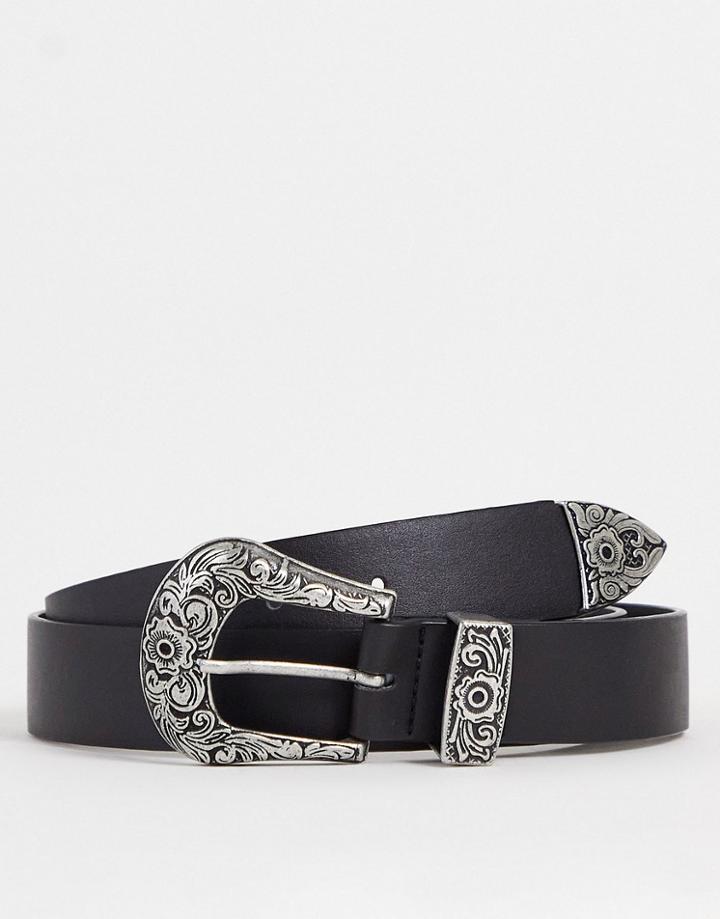 Asos Design Antique Silver Western Waist And Hip Belt In Black