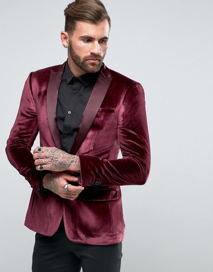 Asos Super Skinny Blazer In Burgundy Velvet - Red