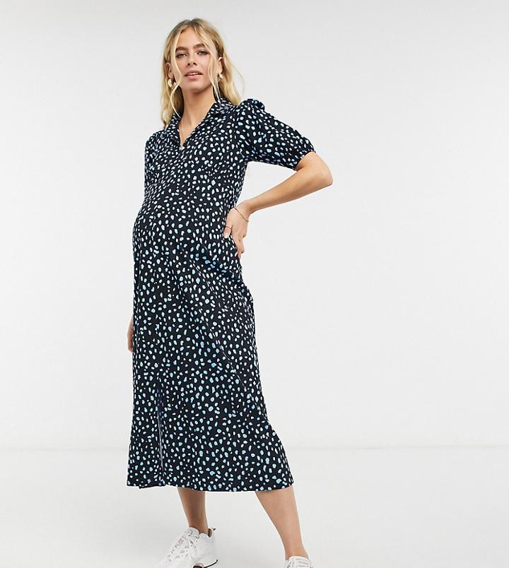 Asos Design Maternity Ultimate Midi Tea Dress With Collar In Black With Blue Spot