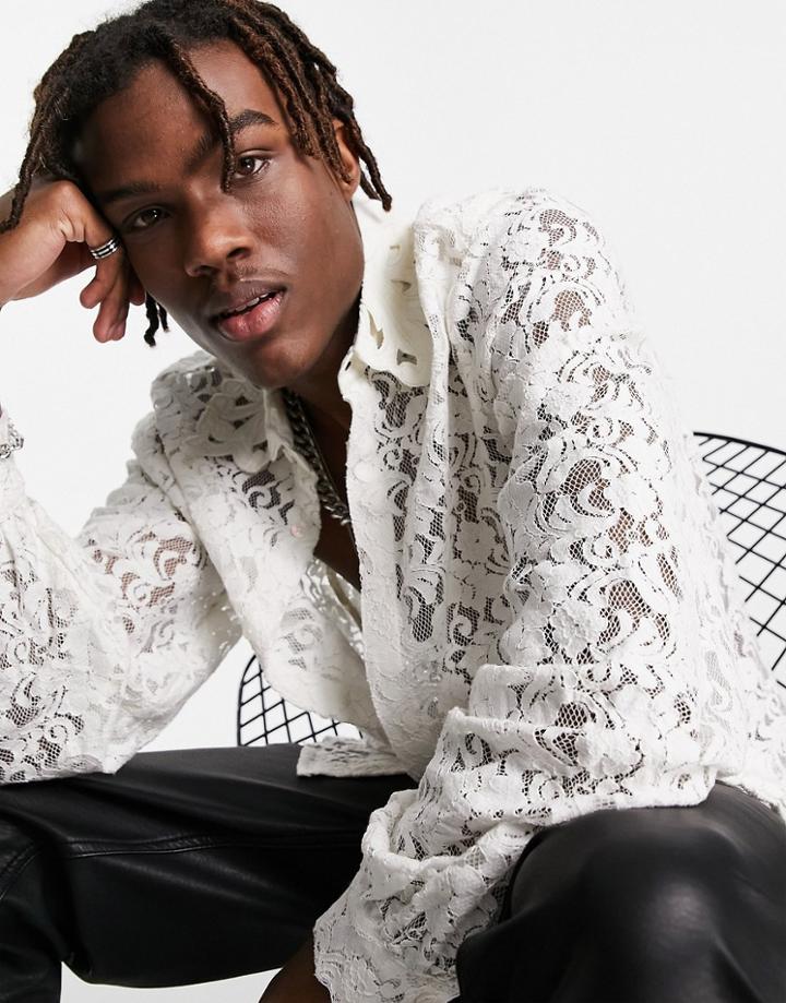 Asos Design Lace Shirt With Embroidered Collar In White