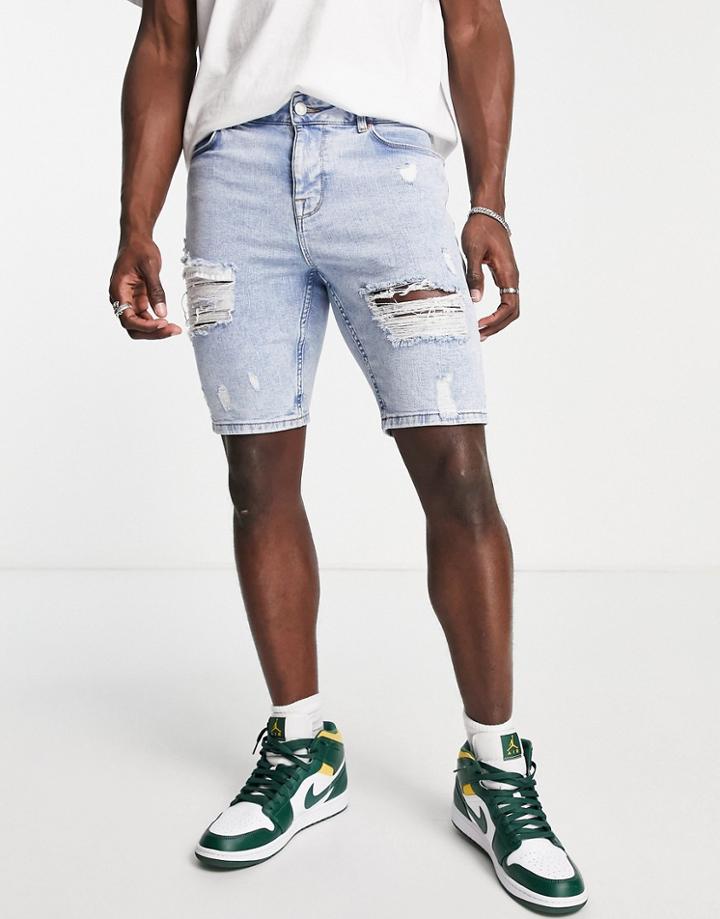 Asos Design Skinny Denim Shorts In Light Wash With Heavy Rips-blue